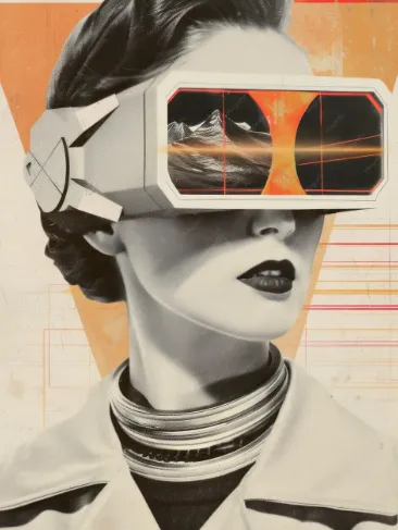 Ilustração conceitual: figura com visor que projeta uma paisagem, representando a transformação de experiência vivida em conhecimento estruturado.